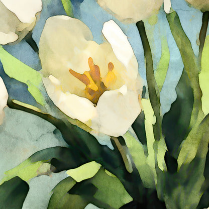 Watercolor painting of a white tulip in full bloom, with soft petals and a golden-yellow center. The surrounding green stems and leaves contrast against a muted blue background, creating an impressionistic and serene botanical composition.