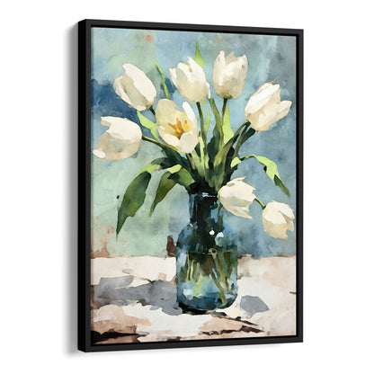 Framed watercolor painting of white tulips arranged in a blue-green glass vase. The tulips' soft petals and vibrant green stems stand against a muted blue background. The modern black frame complements the serene and impressionist-style artwork.