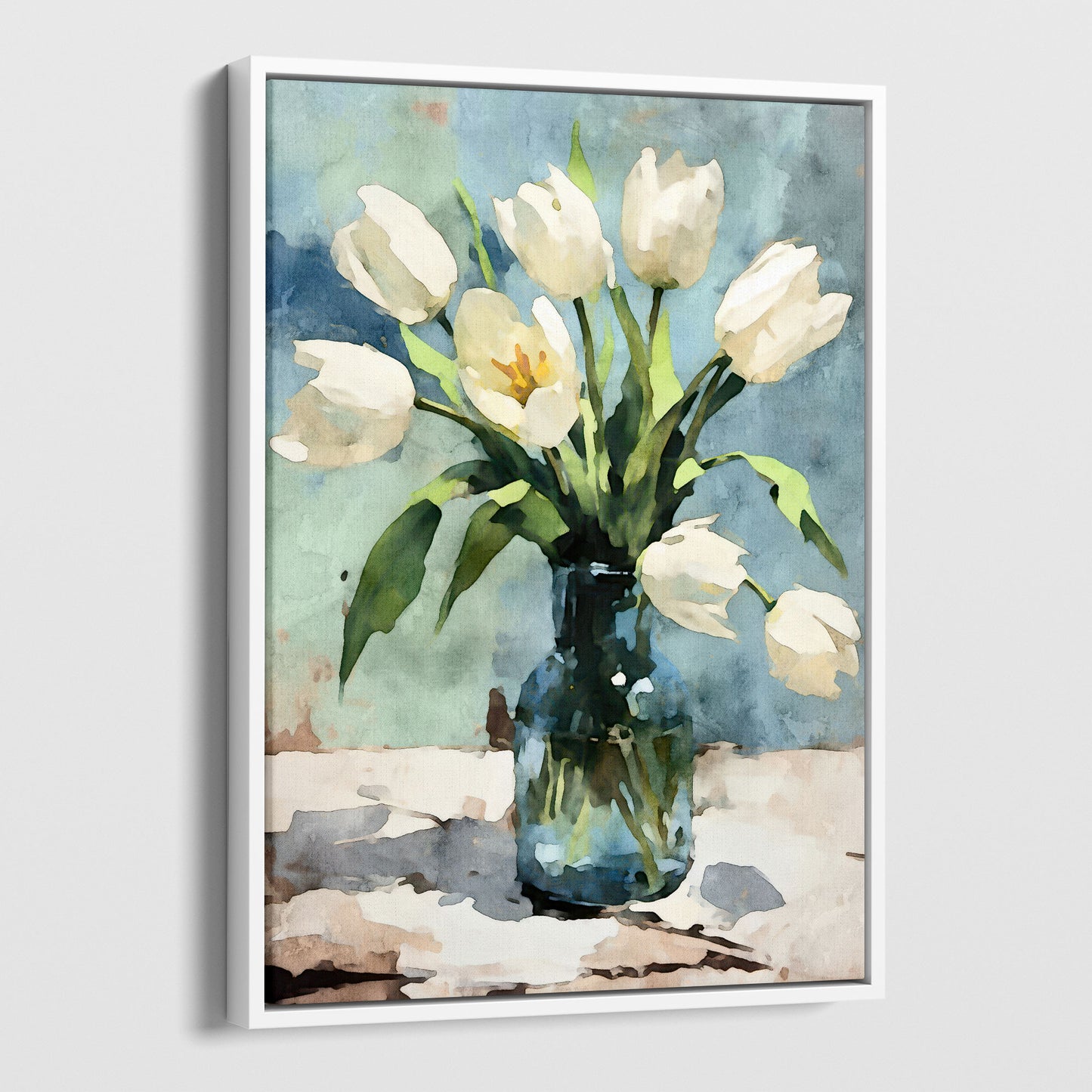 Framed watercolor painting of white tulips arranged in a blue-green glass vase. The tulips' soft petals and vibrant green stems stand against a muted blue background. The modern white frame complements the serene and impressionist-style artwork.