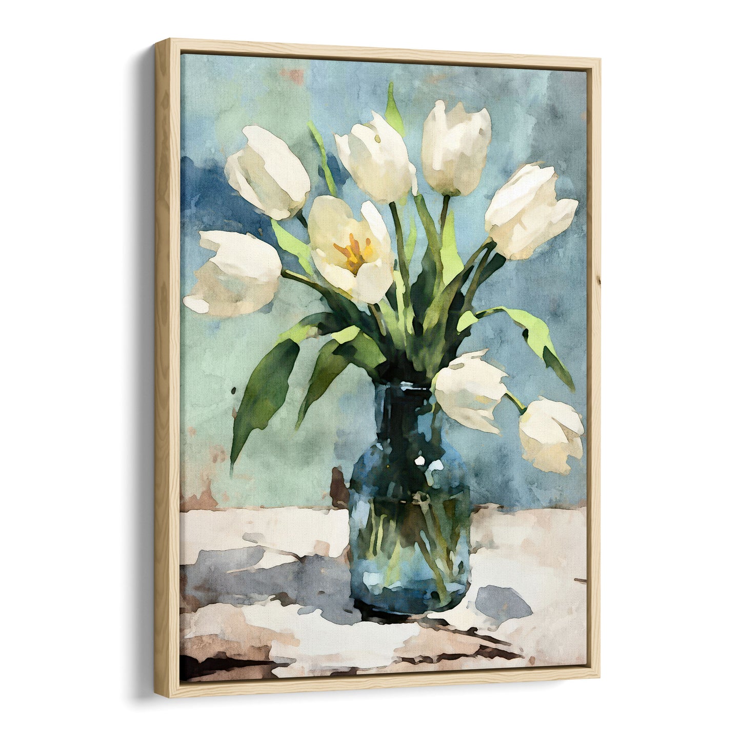 Framed watercolor painting of white tulips arranged in a blue-green glass vase. The tulips' soft petals and vibrant green stems stand against a muted blue background. The modern natural wood frame complements the serene and impressionist-style artwork.