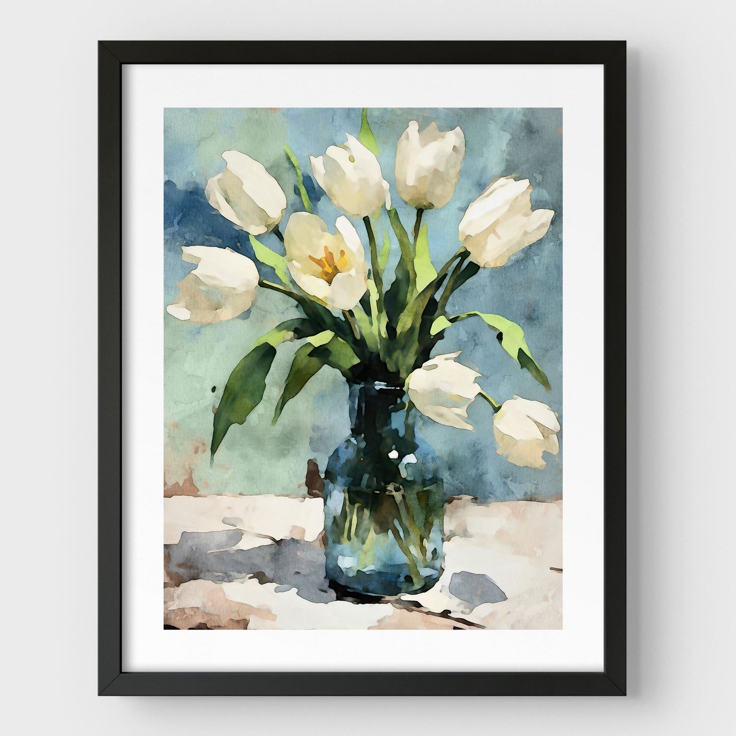 Framed watercolor painting of white tulips in a blue-green glass vase, set against a muted blue background. The artwork features a black frame with a white border, enhancing its delicate and impressionist botanical style.