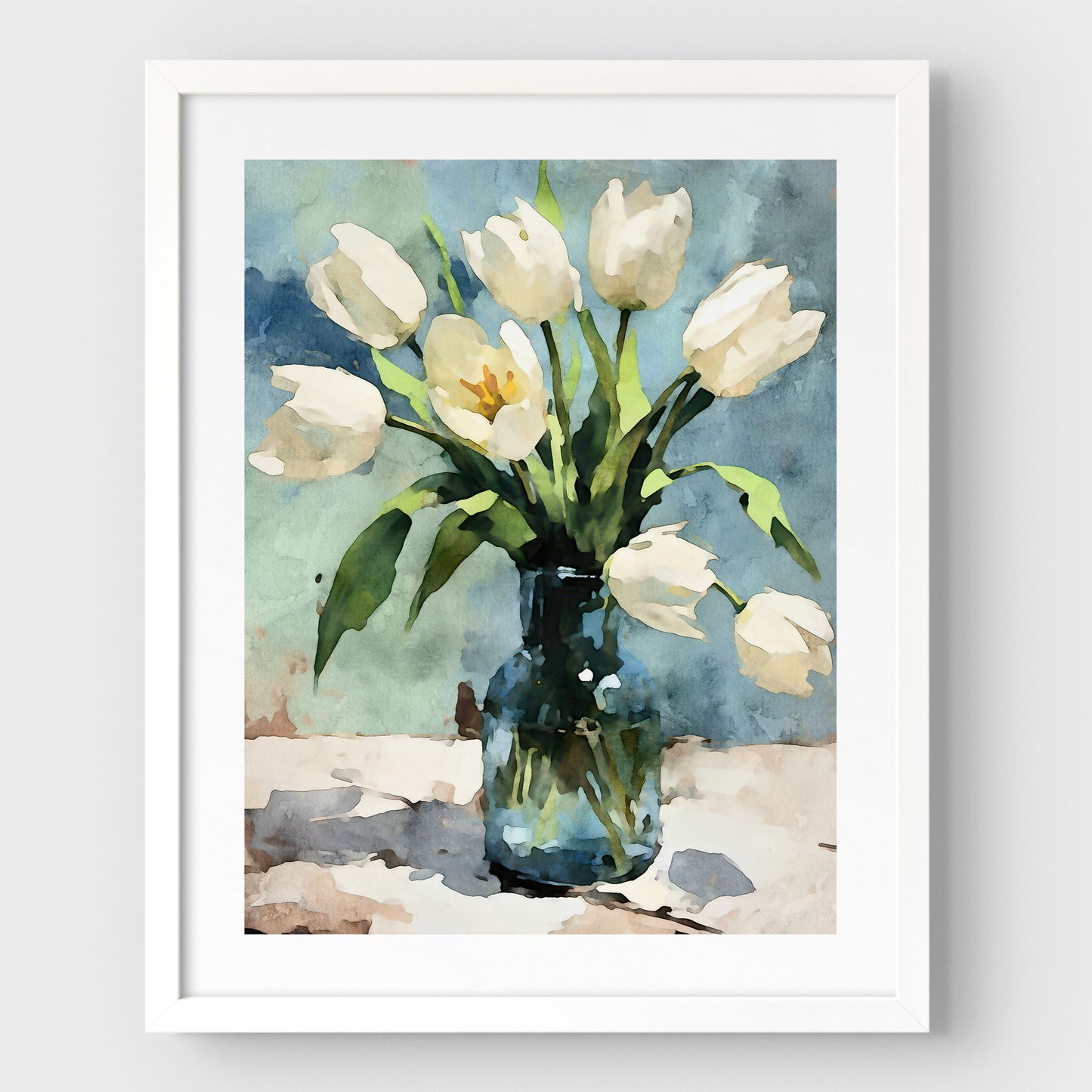 Framed watercolor painting of white tulips in a blue-green glass vase, set against a muted blue background. The artwork features a white frame with a white border, enhancing its delicate and impressionist botanical style.