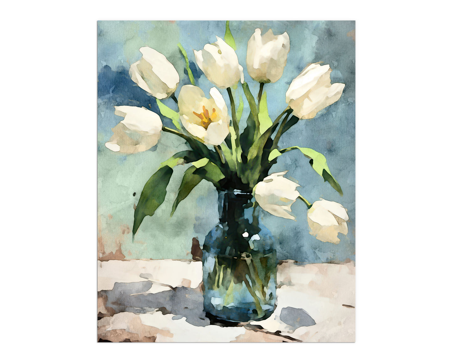 Watercolor painting of white tulips in a blue glass vase, set against a washed teal and beige background.