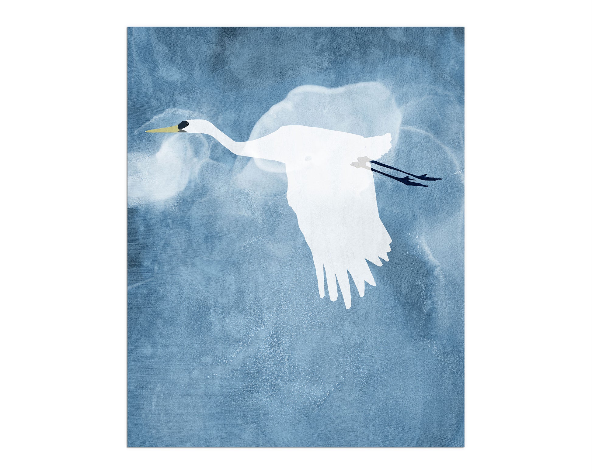 Minimalist illustration of a white heron in flight with wings downstretched, set against a textured blue sky with subtle, cloud-like forms.