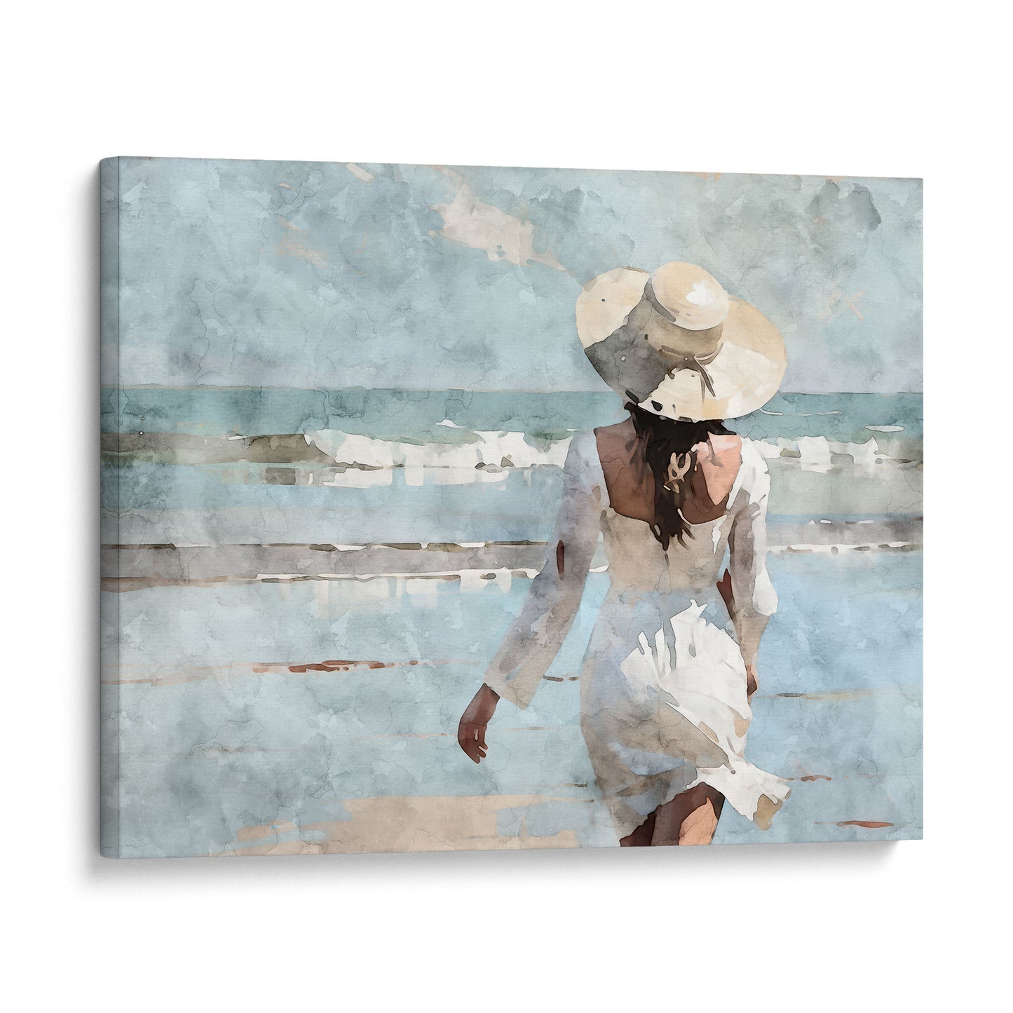 Watercolor painting of a woman in a white dress and wide-brimmed hat walking toward the ocean on a sandy beach, with waves in the background.  Artwork printed on gallery wrap canvas.