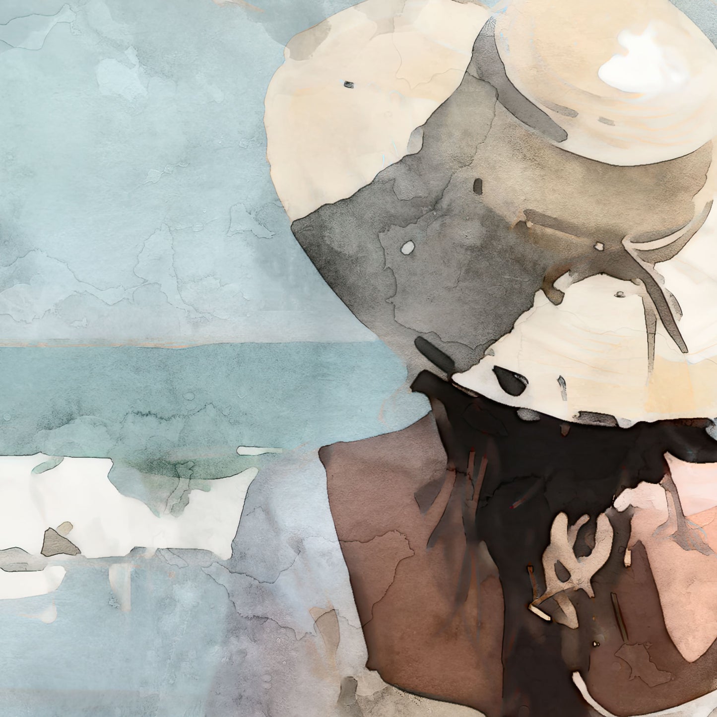 Close-up of a watercolor painting showing part of a wide-brimmed hat and a portion of the woman’s back, highlighting the soft blending of colors and textures.
