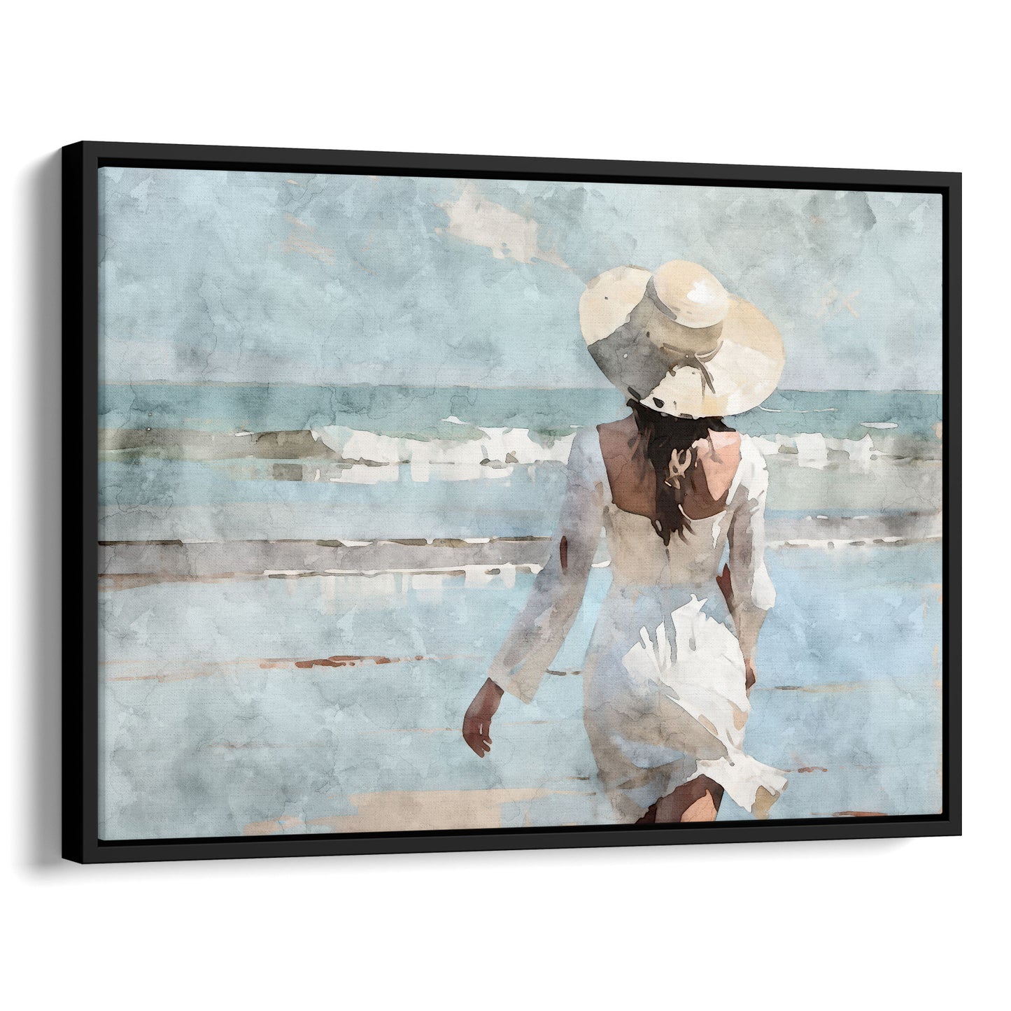 Watercolor painting of a woman in a white dress and wide-brimmed hat walking toward the ocean on a sandy beach, with waves in the background.  Artwork printed on gallery wrap canvas in black floater frame.