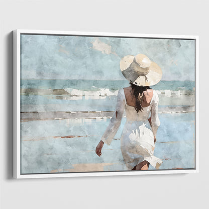 Watercolor painting of a woman in a white dress and wide-brimmed hat walking toward the ocean on a sandy beach, with waves in the background.  Artwork printed on gallery wrap canvas in white floater frame.