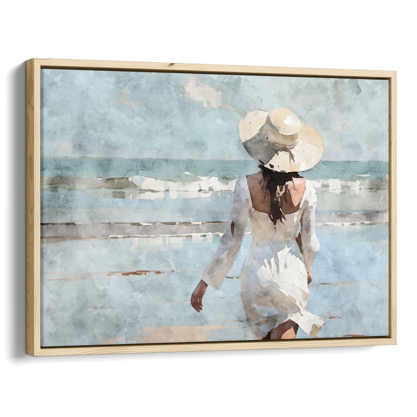 Watercolor painting of a woman in a white dress and wide-brimmed hat walking toward the ocean on a sandy beach, with waves in the background.  Artwork printed on gallery wrap canvas in natural floater frame.