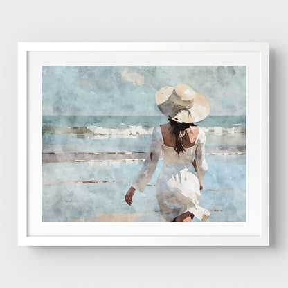 Woman in White at the Beach Print