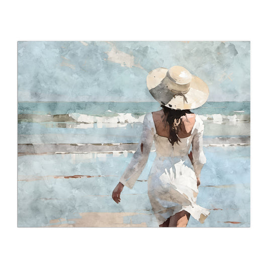 Watercolor painting of a woman in a white dress and wide-brimmed hat walking toward the ocean on a sandy beach, with waves in the background.