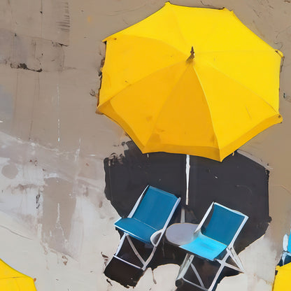 Close up of a painting of yellow beach umbrellas and blue lounge chairs on a sandy shore with two people in red walking in the background.