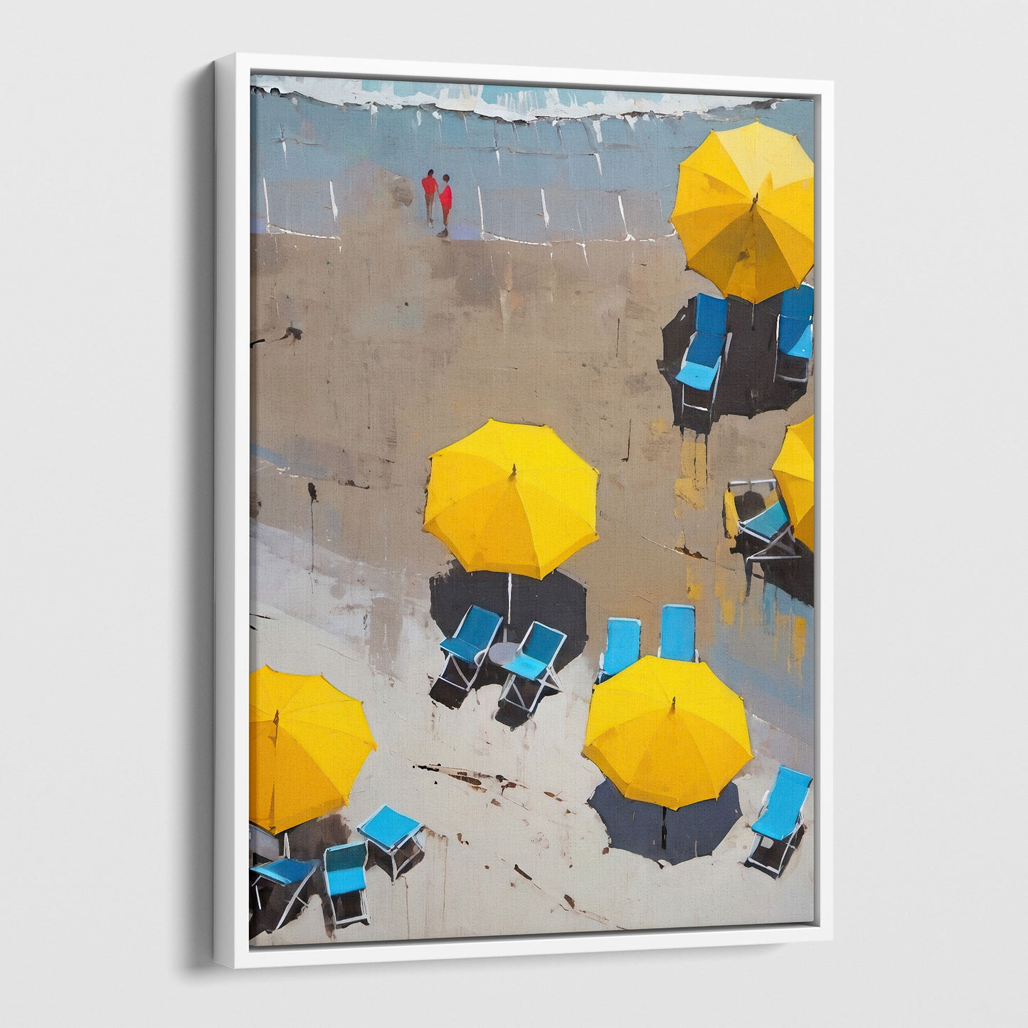 Painting of yellow beach umbrellas and blue lounge chairs on a sandy shore with two people in red walking in the background. Artwork is printed on gallery wrap canvas in white floater frame.