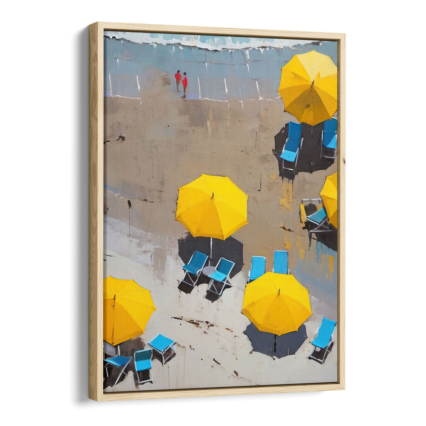 Painting of yellow beach umbrellas and blue lounge chairs on a sandy shore with two people in red walking in the background. Artwork is printed on gallery wrap canvas in natural floater frame.