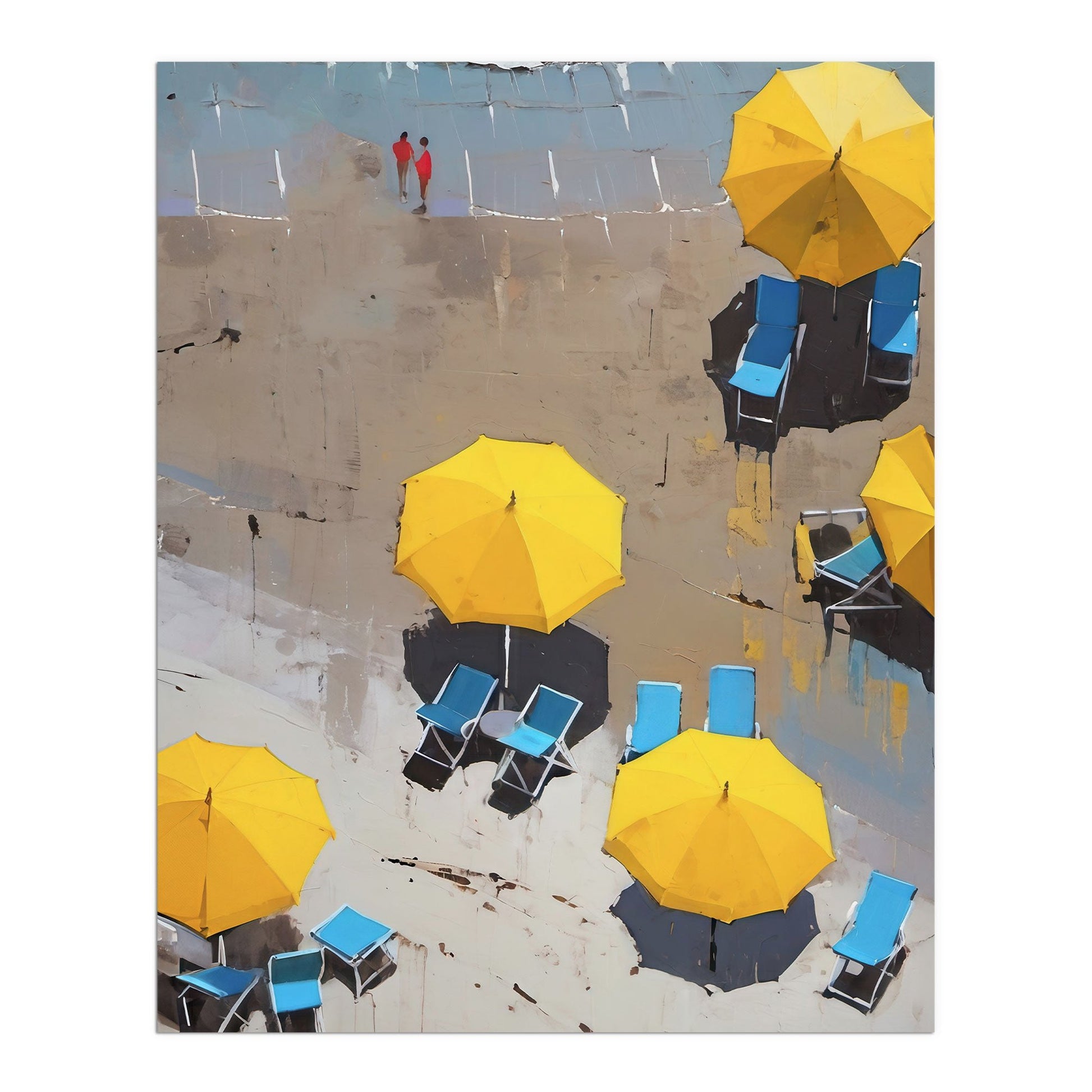 Painting of yellow beach umbrellas and blue lounge chairs on a sandy shore with two people in red walking in the background.