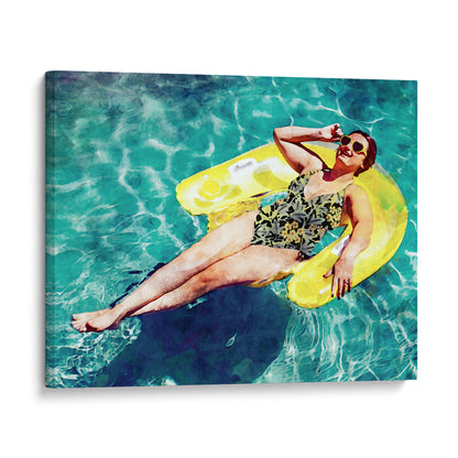 Woman wearing a floral swimsuit and sunglasses, lying on a yellow inflatable float in a pool, smiling and holding their sunglasses with one hand.  Watercolor painting printed on gallery wrap canvas.