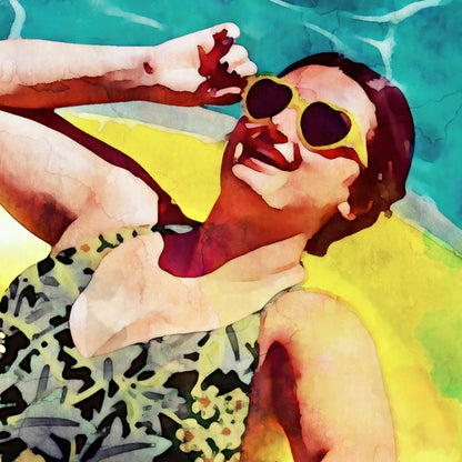 Close-up of a woman wearing yellow sunglasses and a floral swimsuit, smiling while lying on a yellow inflatable float in a pool.