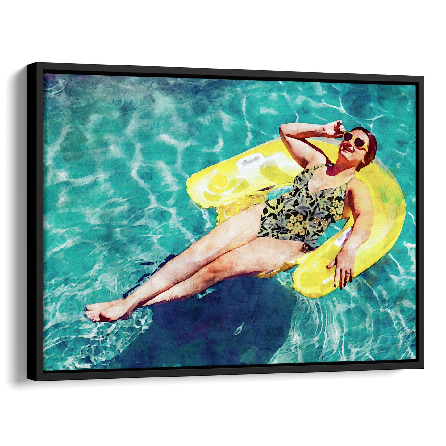 Woman wearing a floral swimsuit and sunglasses, lying on a yellow inflatable float in a pool, smiling and holding their sunglasses with one hand.  Watercolor painting printed on gallery wrap canvas in black floater frame.