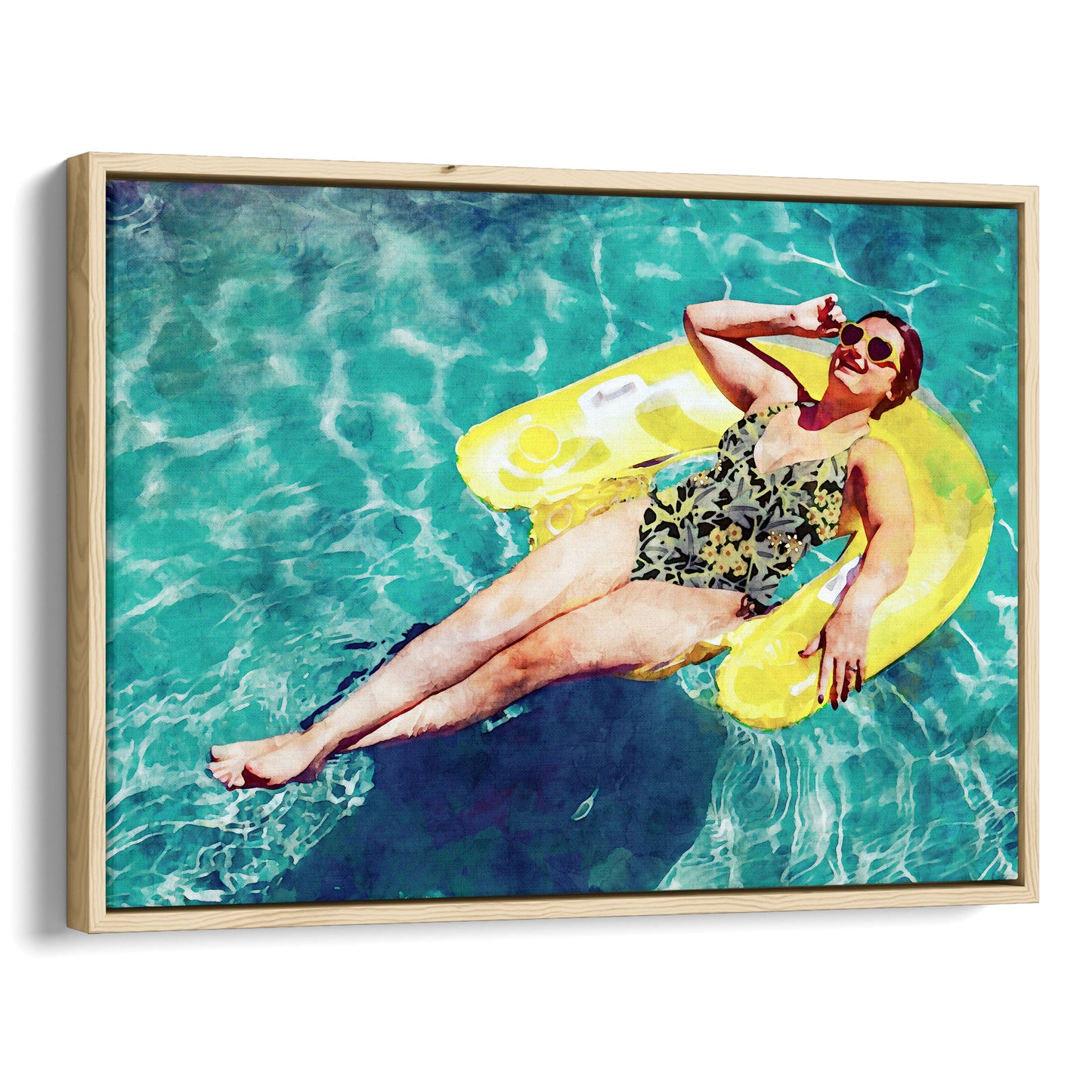 Woman wearing a floral swimsuit and sunglasses, lying on a yellow inflatable float in a pool, smiling and holding their sunglasses with one hand.  Watercolor painting printed on gallery wrap canvas in natural floater frame.