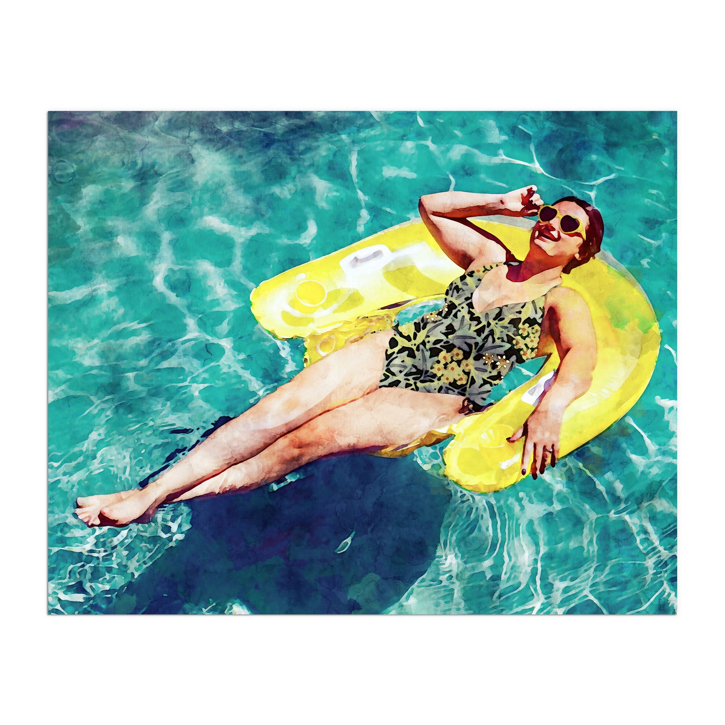 Woman wearing a floral swimsuit and sunglasses, lying on a yellow inflatable float in a pool, smiling and holding their sunglasses with one hand.