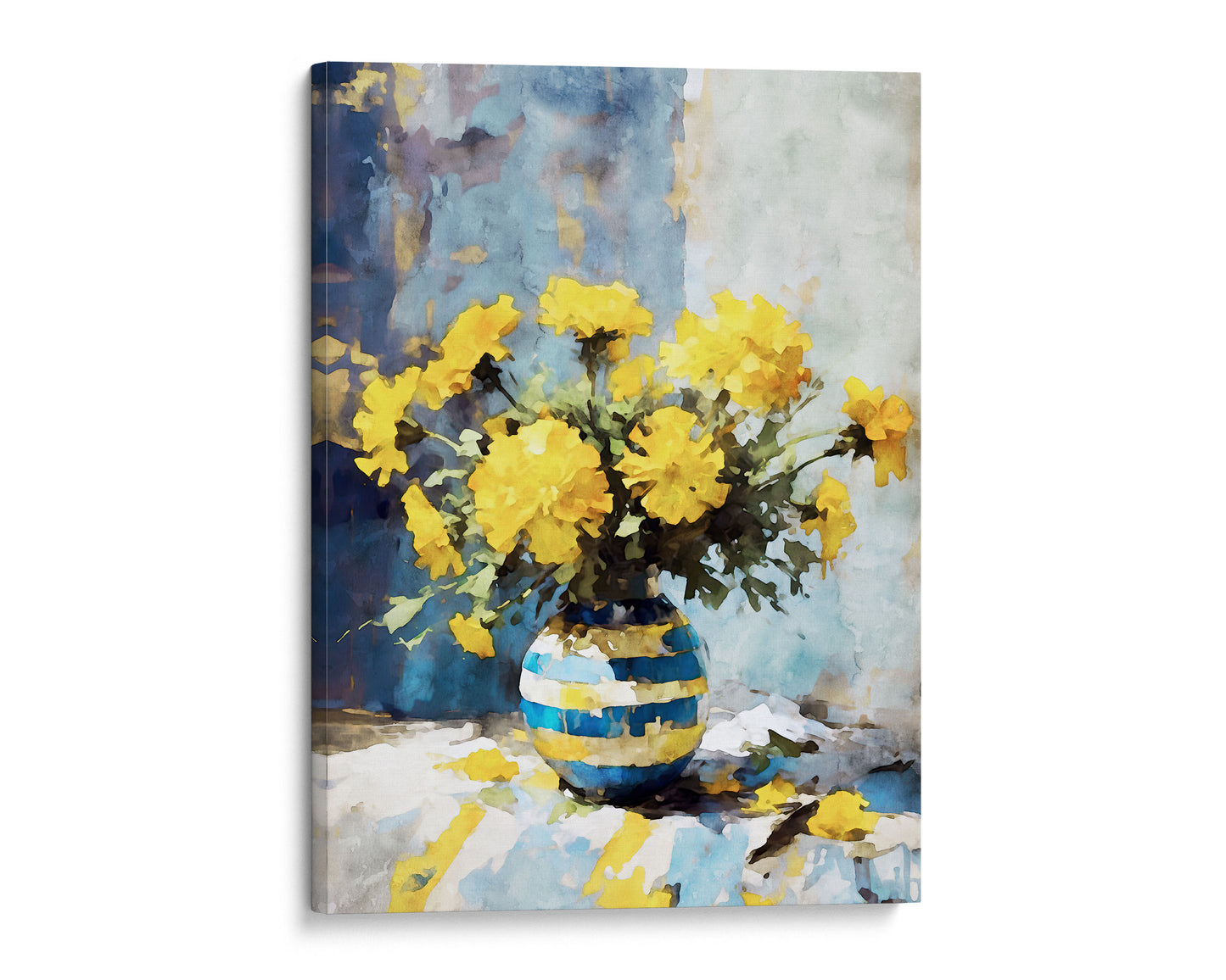 Canvas texture adds depth to this watercolor painting of bright yellow marigolds in a blue and white striped vase against a blended blue and white background.