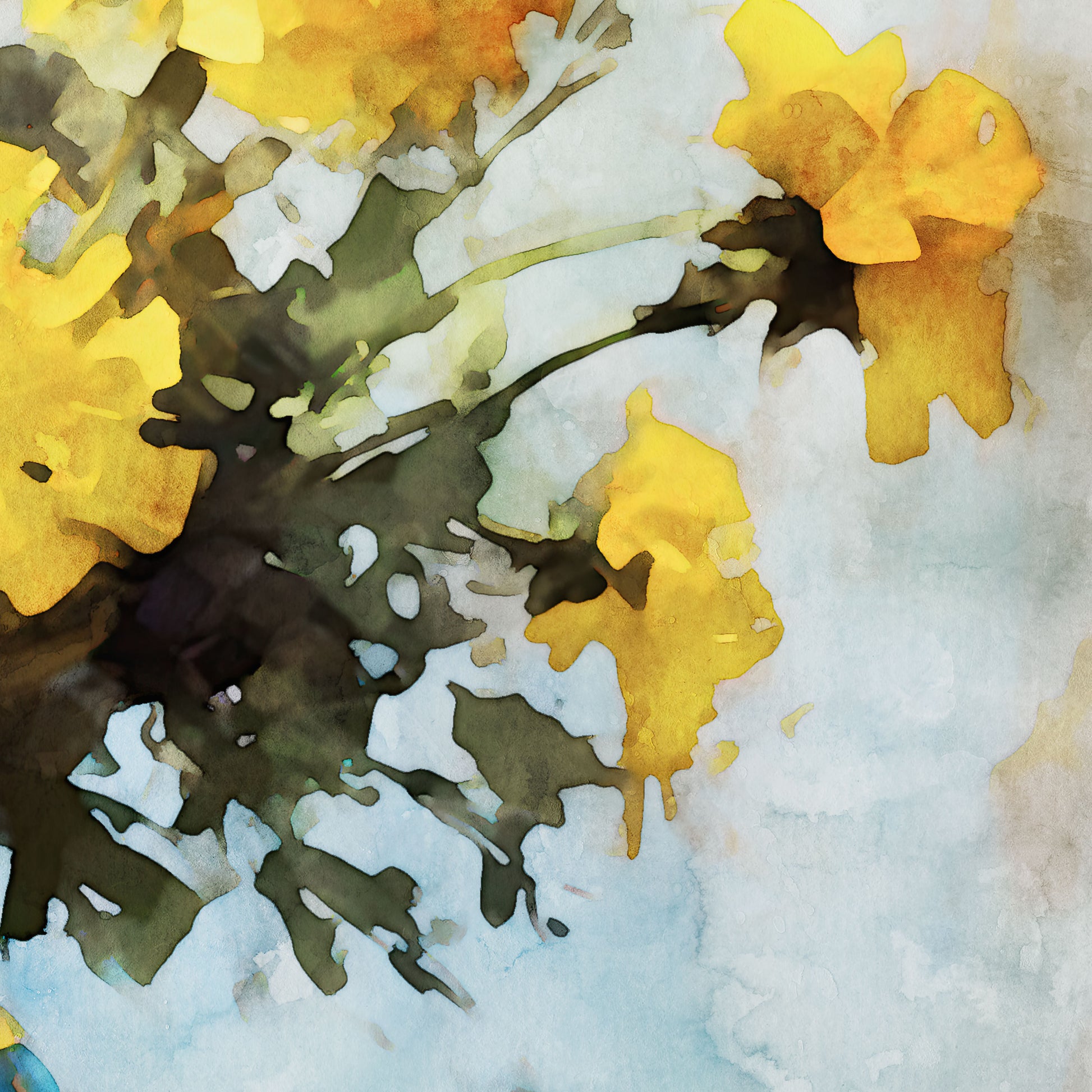 Watercolor-style artwork featuring a close-up of vibrant yellow marigold flowers with delicate petals and lush green stems, set against a soft blue background.