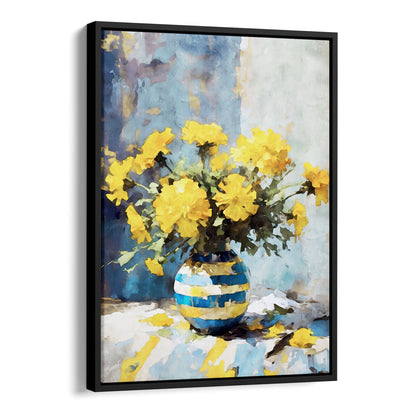 Black framed canvas artwork featuring a watercolor-style depiction of a bouquet of vibrant yellow marigold flowers in a blue and yellow striped vase, set against a soft blue and white background.