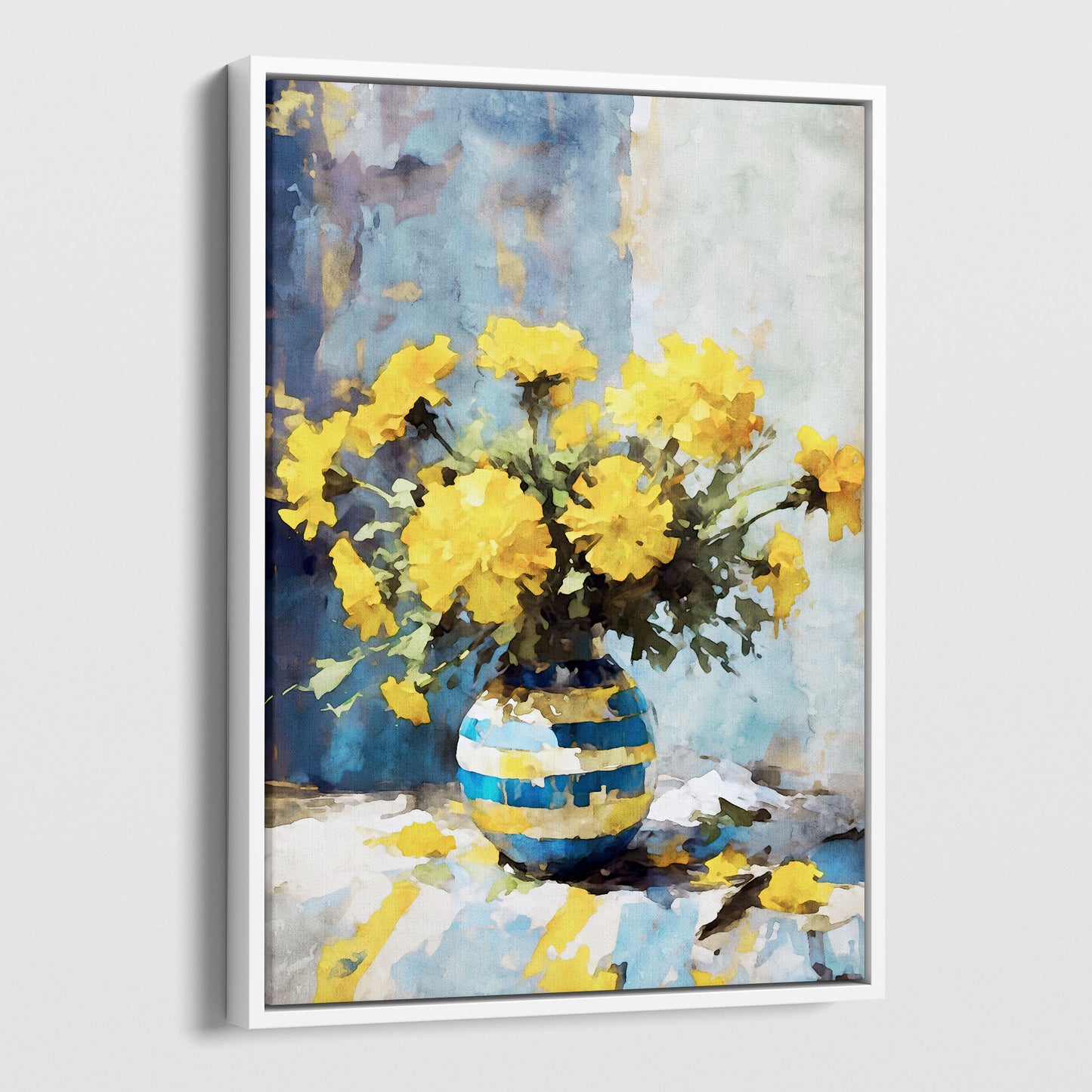 White framed canvas artwork featuring a watercolor-style depiction of a bouquet of vibrant yellow marigold flowers in a blue and yellow striped vase, set against a soft blue and white background.