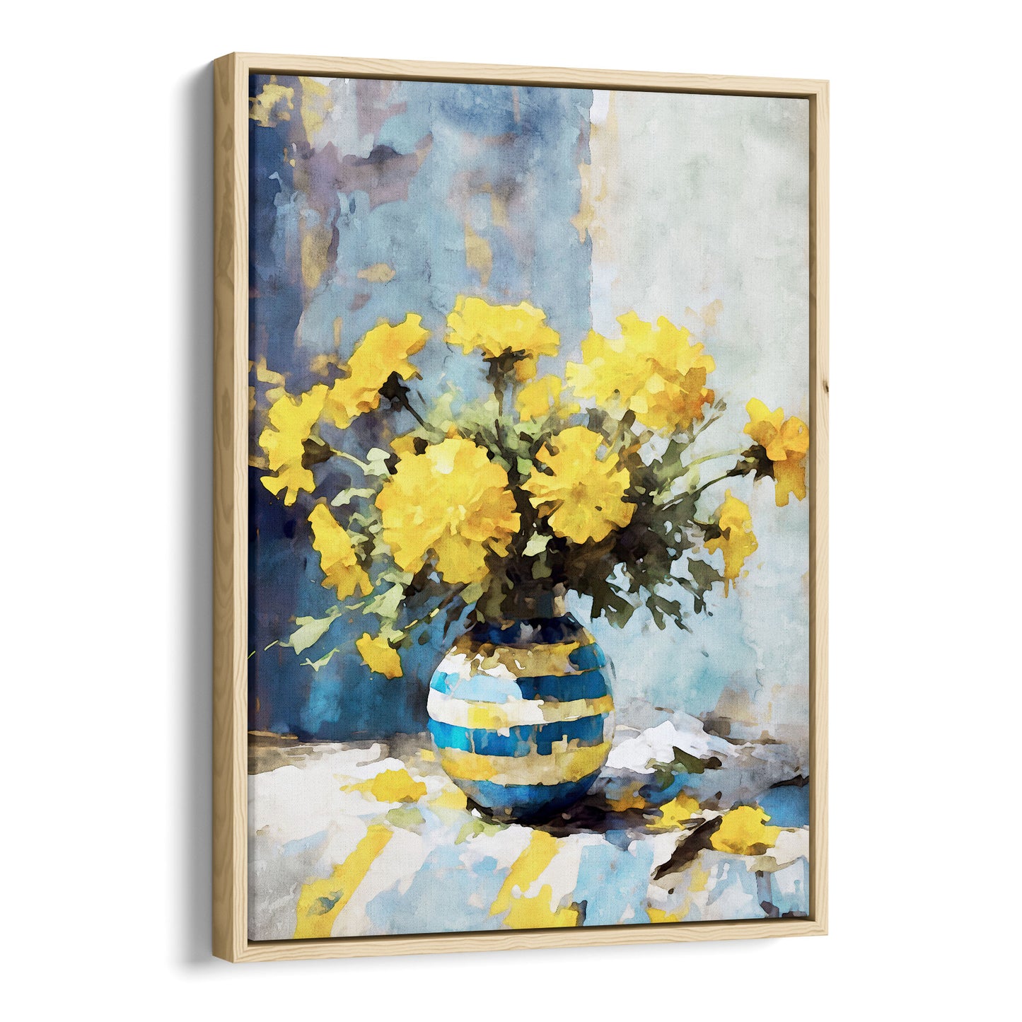 Natural wood framed canvas artwork featuring a watercolor-style depiction of a bouquet of vibrant yellow marigold flowers in a blue and yellow striped vase, set against a soft blue and white background.