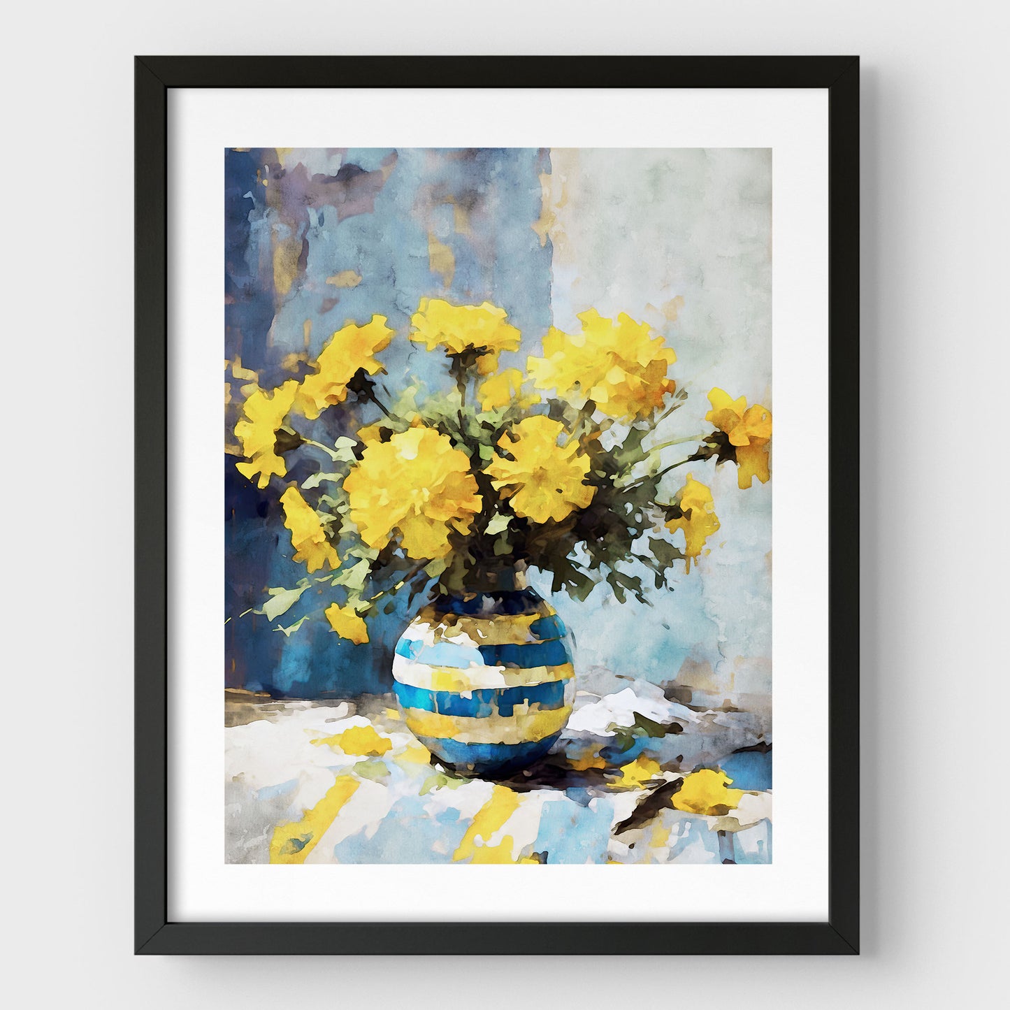 Artwork with a black frame and white border, featuring a watercolor-style depiction of vibrant yellow marigold flowers arranged in a blue and yellow striped vase, set against a soft blue and white background.