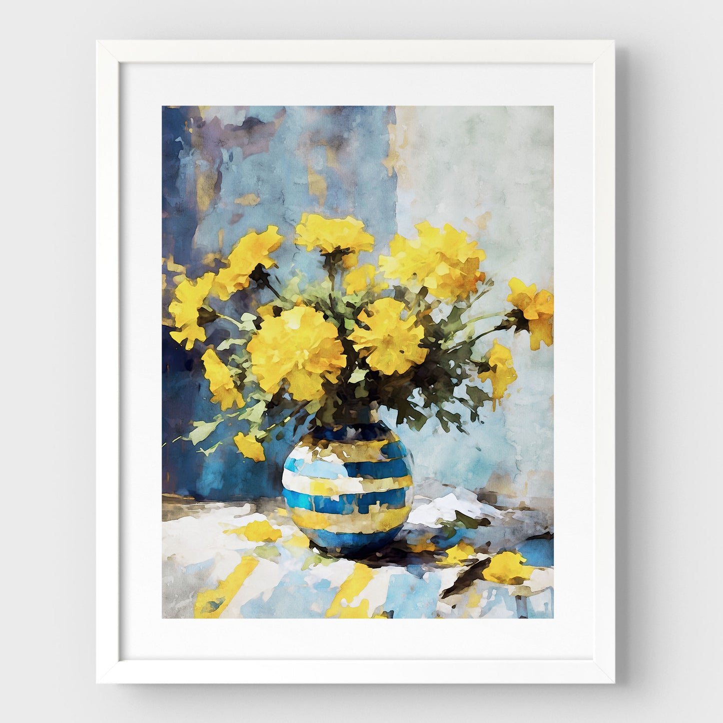 Artwork with a white frame and white border, featuring a watercolor-style depiction of vibrant yellow marigold flowers arranged in a blue and yellow striped vase, set against a soft blue and white background.
