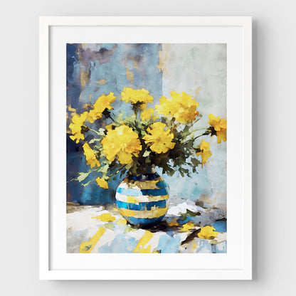 Artwork with a white frame and white border, featuring a watercolor-style depiction of vibrant yellow marigold flowers arranged in a blue and yellow striped vase, set against a soft blue and white background.