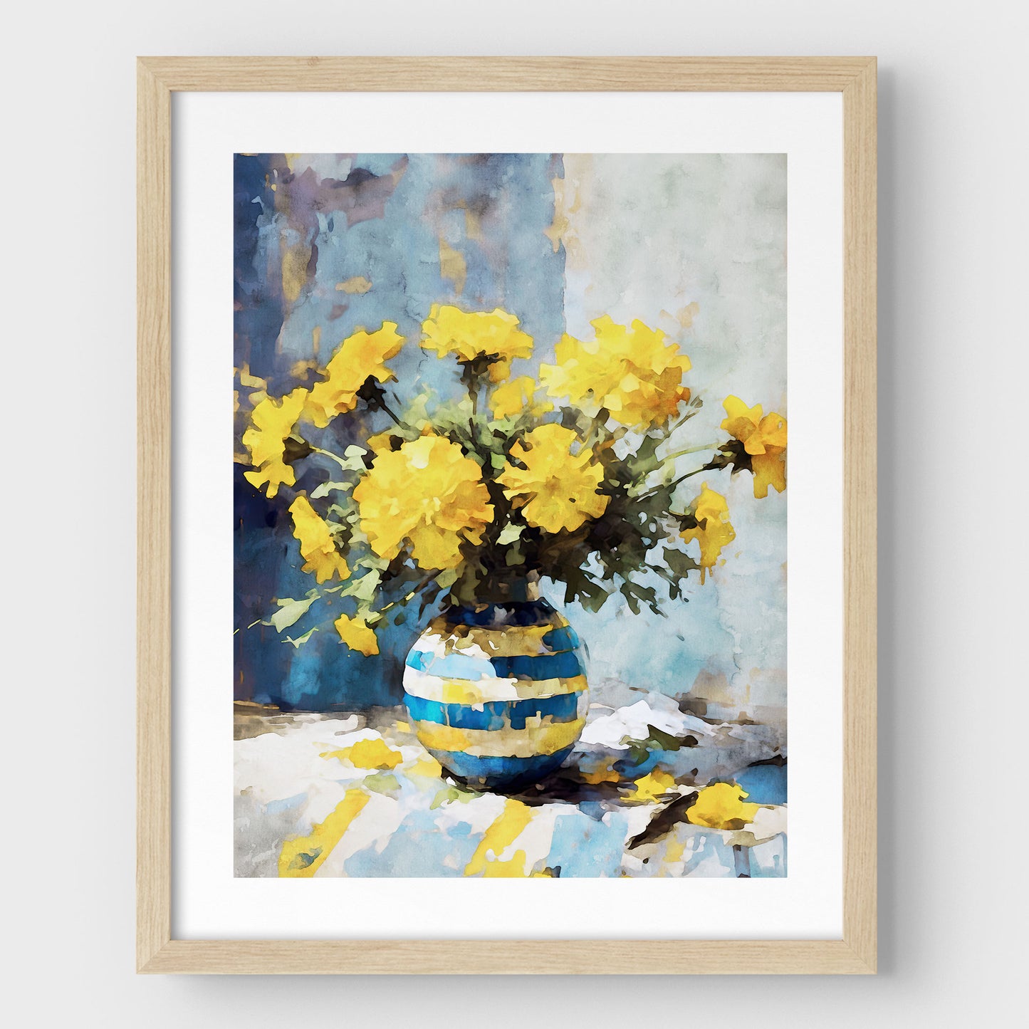 Artwork with a natural wood frame and white border, featuring a watercolor-style depiction of vibrant yellow marigold flowers arranged in a blue and yellow striped vase, set against a soft blue and white background.