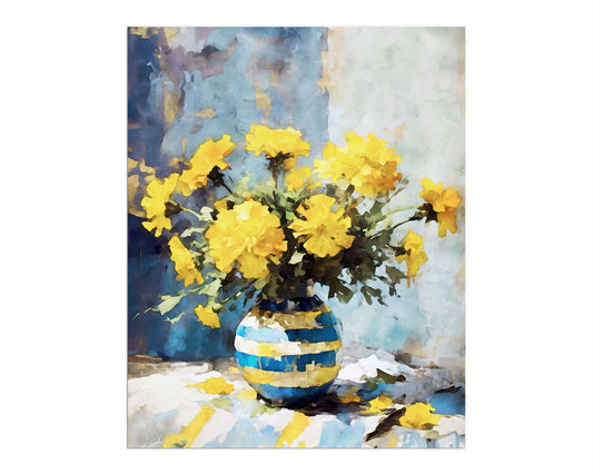 Watercolor painting depicting vibrant yellow marigolds in a blue and white striped vase set against a nuanced blue and white backdrop.