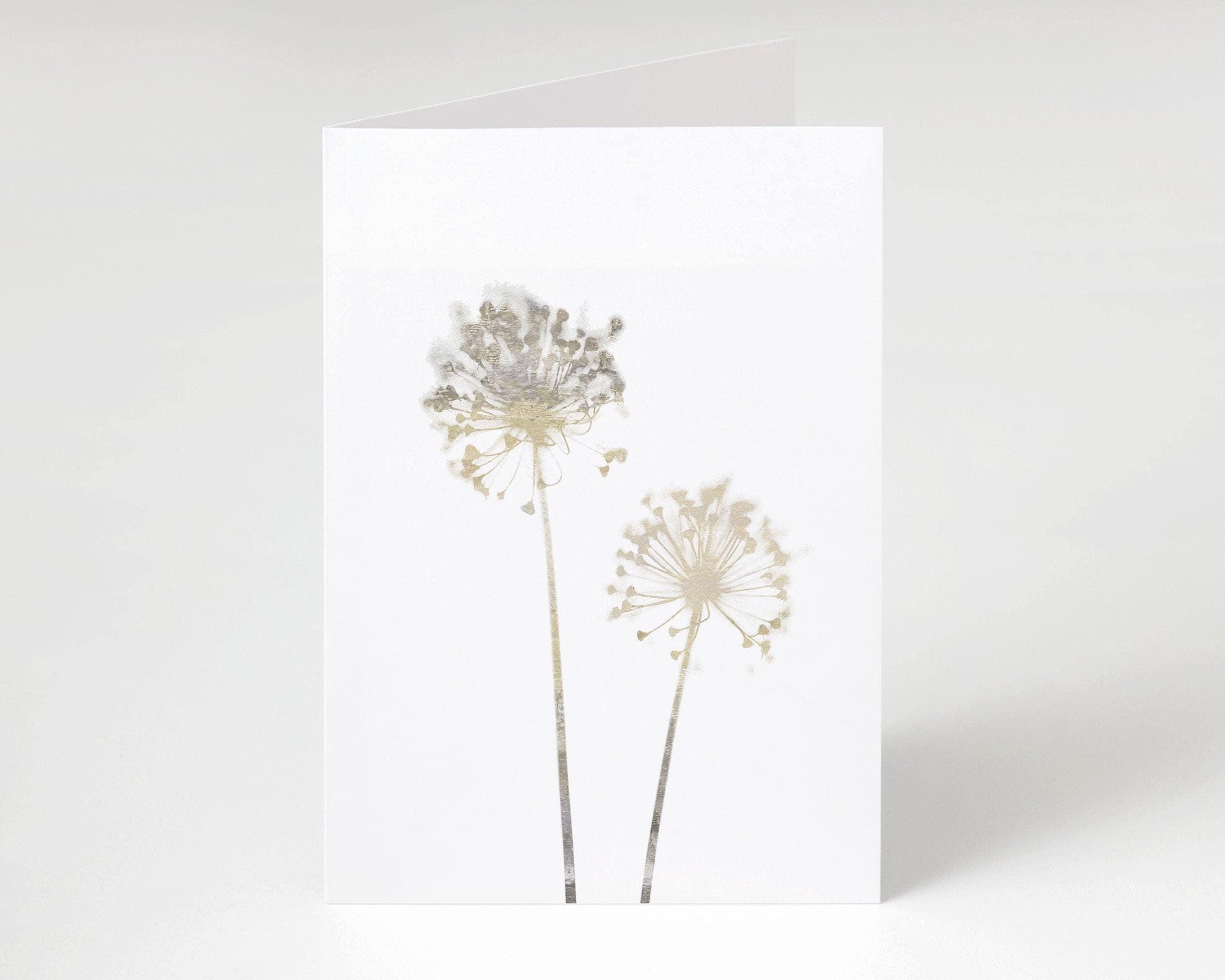 Folded greeting card standing upright, featuring two soft beige watercolor allium flowers on a clean white background, photographed against a light neutral surface.