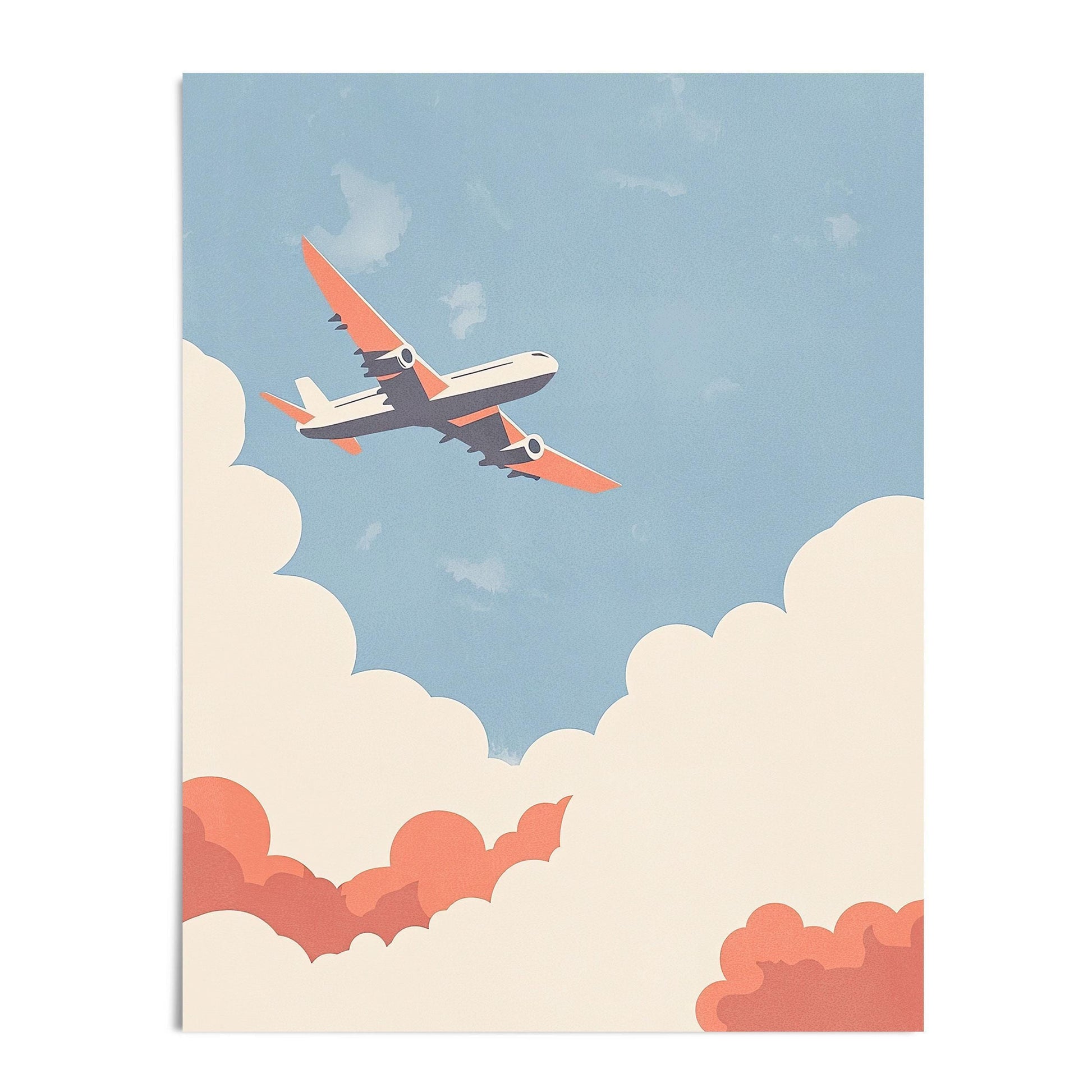 Flat lay view of a colorful art print depicting an airplane with orange wings flying upward through stylized cream and coral clouds against a pale blue sky, shown without a frame on a white background.