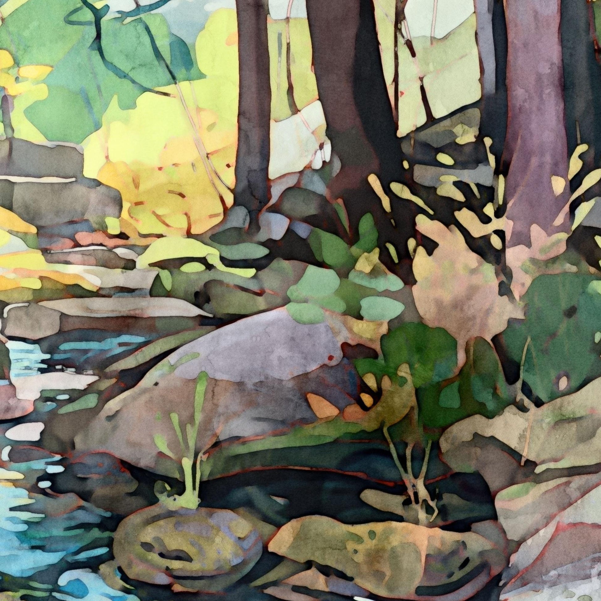Close-up of a watercolor-style forest painting showing rocks, tree trunks, and leafy plants beside a clear stream, with sunlight filtering through in soft yellows and greens.