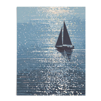 Giclée art print of a sailboat gliding through sparkling blue water, with golden and white light reflections scattered across the surface in an abstract, painterly style. The silhouette of the dark sailboat is mirrored in the calm sea, evoking a peaceful, sun-drenched moment on open water.