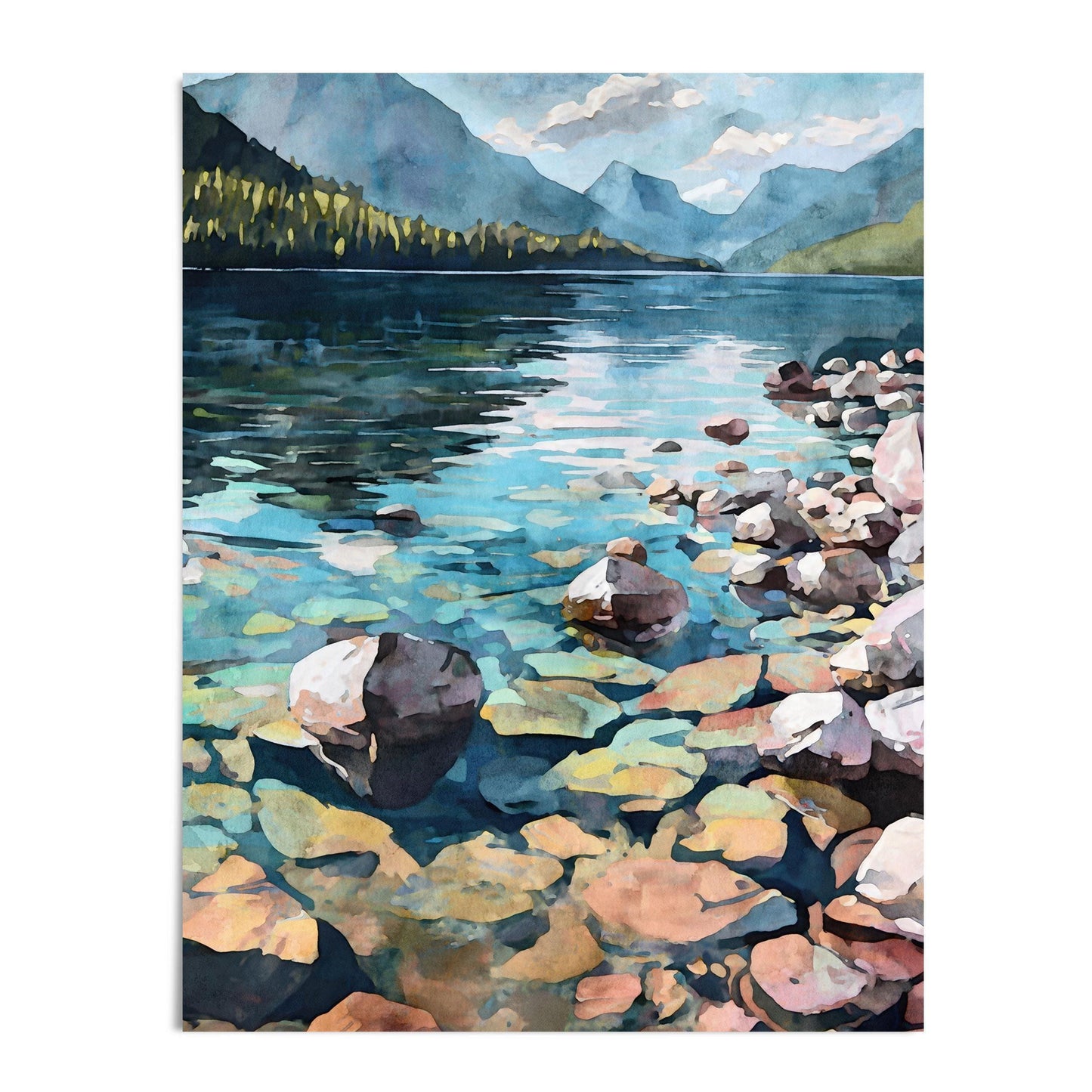 Watercolor painting of a crystal-clear mountain lake with colorful submerged rocks, a rocky shoreline, and distant pine-covered mountains under a partly cloudy blue sky.