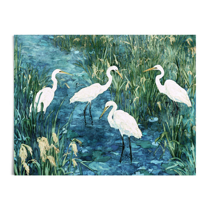 Watercolor-style painting of four white egrets wading in a marsh, surrounded by tall green grasses and shallow blue water. The birds are shown with graceful long necks and slender black legs, standing among reeds and cattails against a white background.