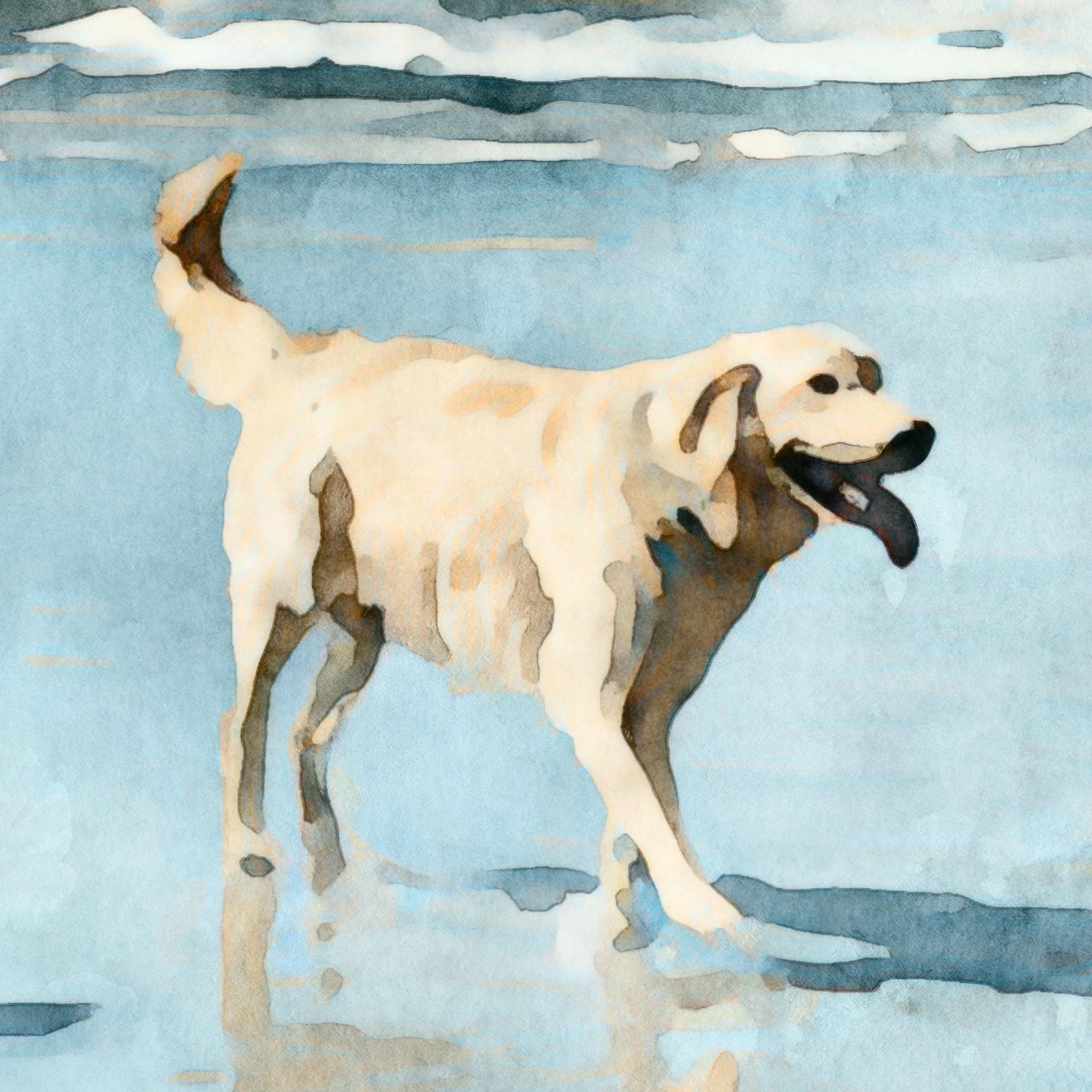 Watercolor-style close-up of a yellow Labrador retriever standing on wet sand at the beach, mouth open and tongue out, with gentle waves and a soft blue sky in the background.