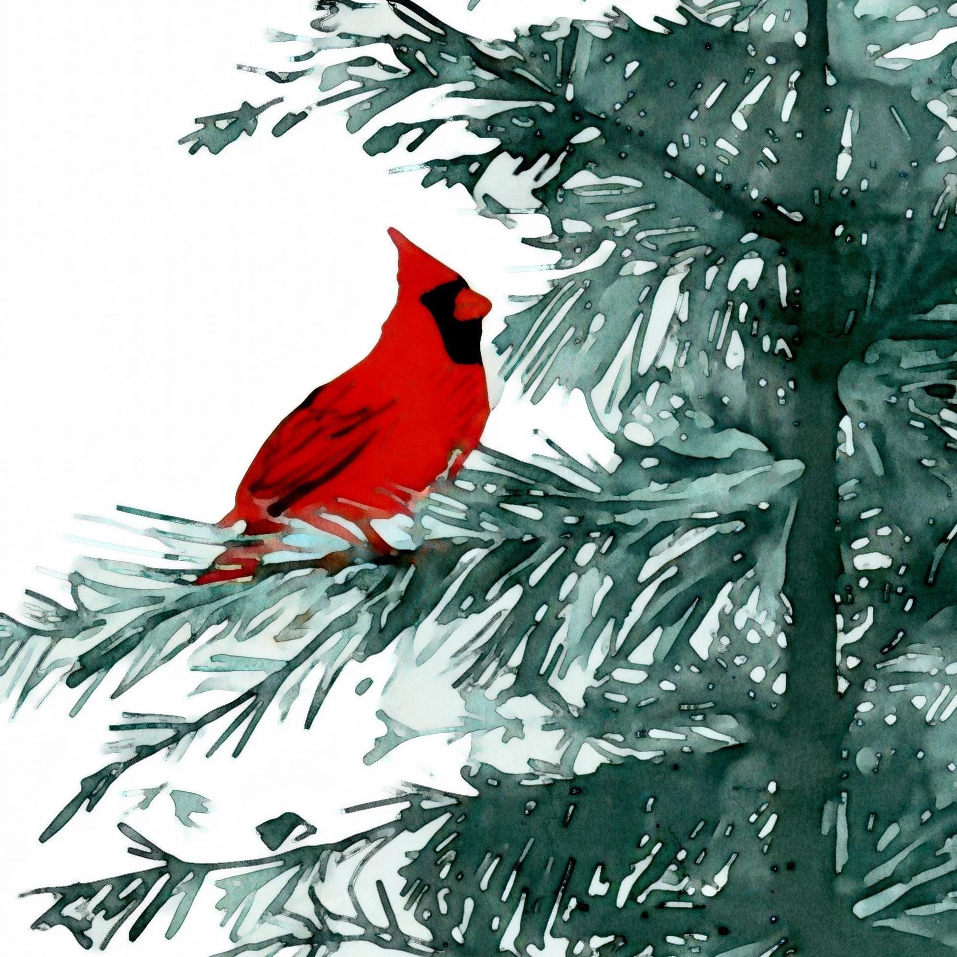 Close-up of a watercolor painting showing a bright red cardinal perched on a green pine branch, with delicate brushstrokes highlighting the bird’s feathers and the tree’s textured needles.