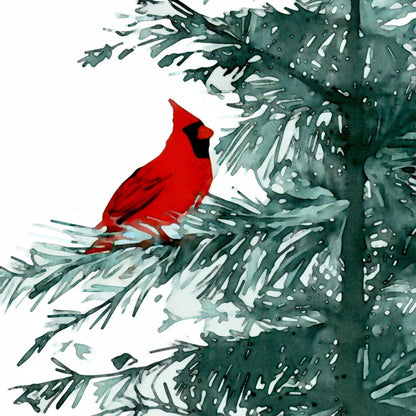 Close-up of a watercolor painting showing a bright red cardinal perched on a green pine branch, with delicate brushstrokes highlighting the bird’s feathers and the tree’s textured needles.