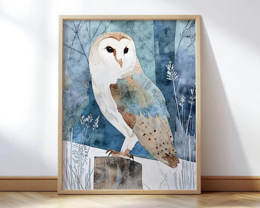 Watercolor-style illustration of a barn owl perched on a wooden stump, surrounded by delicate grasses and a softly abstracted forest backdrop in layered shades of blue, teal, and tan. The owl’s white face and dark eyes contrast gently against the cool-toned, textured background. Framed in light wood and leaning against a white wall on a hardwood floor.
