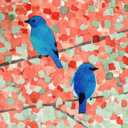Close-up watercolor illustration of two vivid bluebirds perched on thin branches, surrounded by mosaic-style leaves in warm coral red and soft green hues, creating a serene, abstract autumn scene.