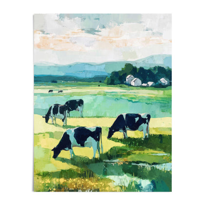 Modern impressionist painting of black and white cows grazing in a green meadow with wildflowers in the foreground, rolling blue hills in the distance, and a cluster of white barns by a tree line under a soft, partly cloudy sky.