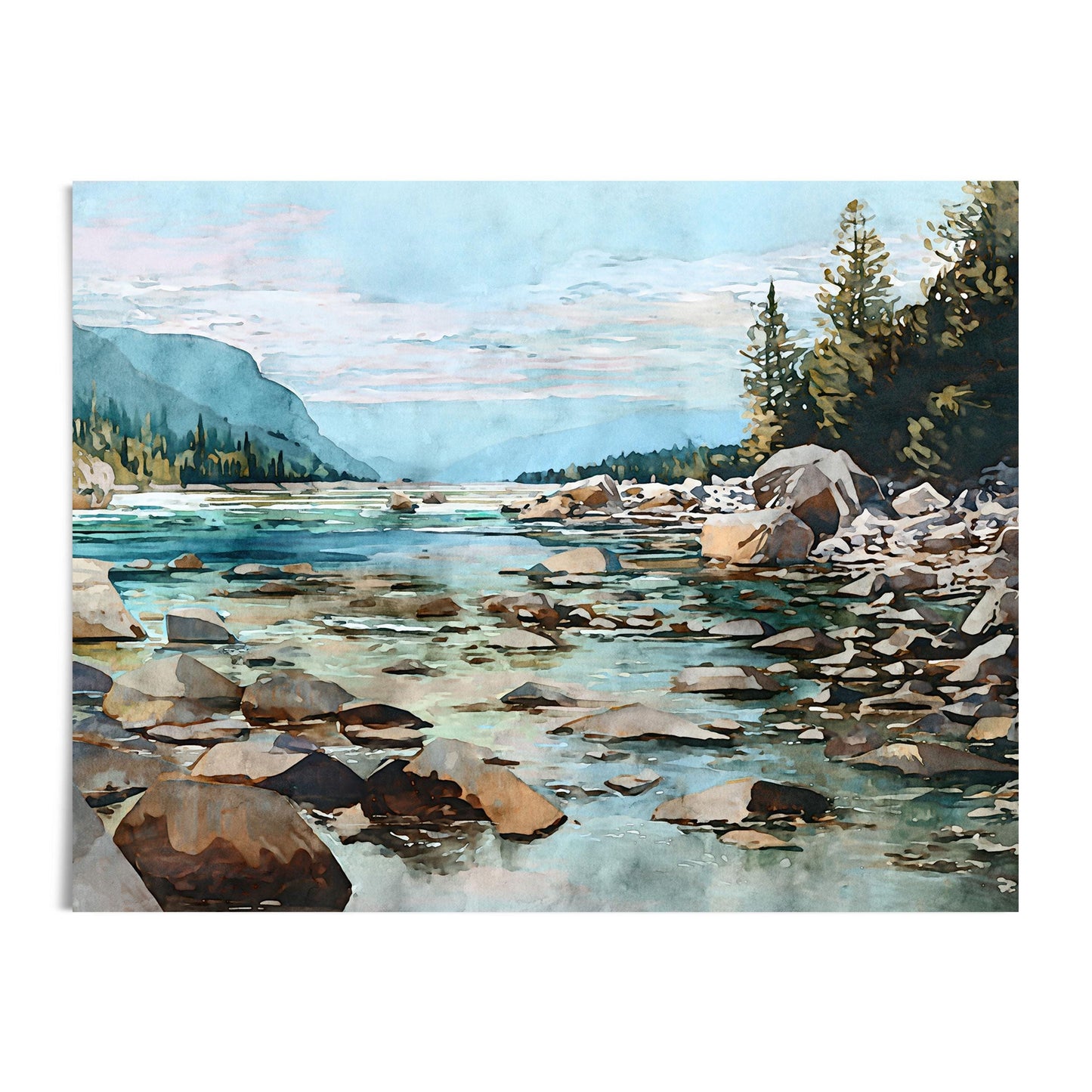 Watercolor landscape painting of a serene mountain river with turquoise water flowing over smooth rocks. Evergreen trees line the right bank, while misty blue mountains rise in the distance under a pastel sky streaked with pink and white clouds. The scene blends natural greens, blues, and warm browns, evoking a tranquil, wilderness atmosphere.