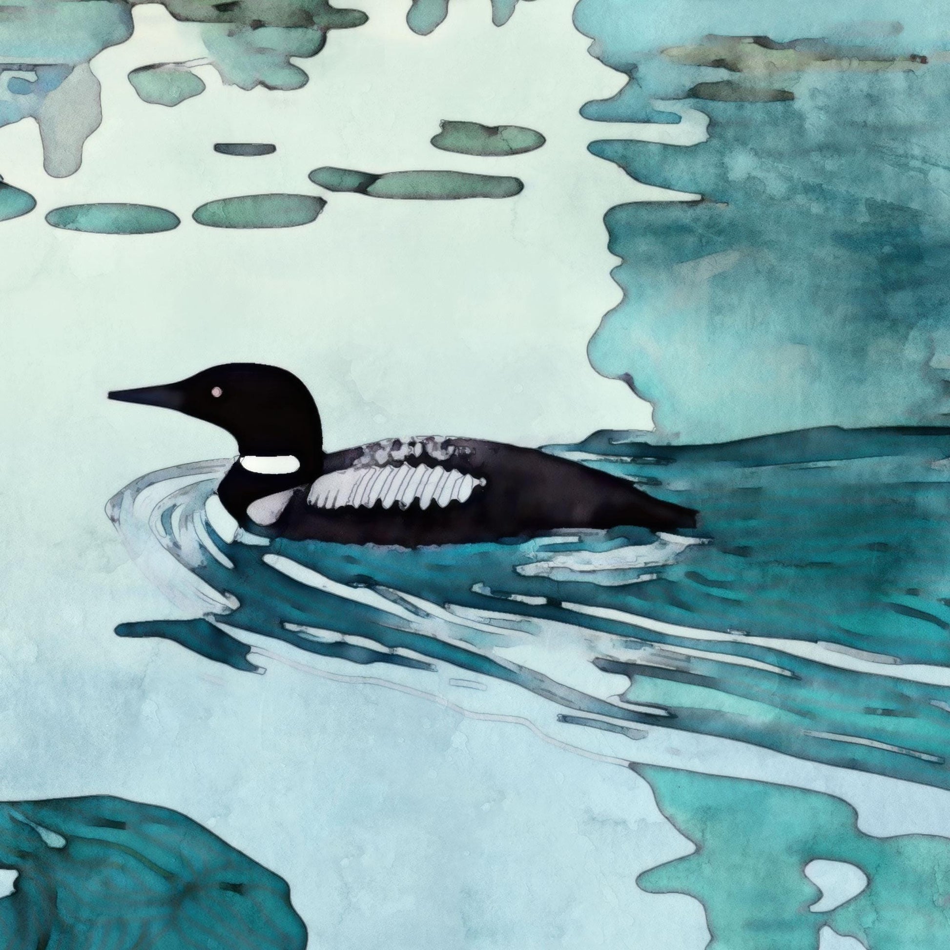 Close-up of a painted loon with black head, white markings, and patterned wings gliding through rippling teal-blue water, surrounded by abstract reflections and hints of lily pads.