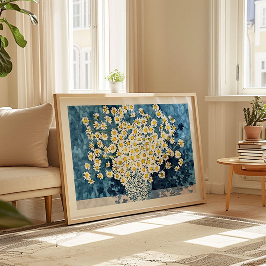 Large framed artwork of white daisies with yellow centers in a patterned vase against a textured blue background, leaning against a wall in a cozy living room. The print rests on a light rug beside a beige sofa, wooden side table with books and plants, and sunlit windows with sheer curtains.