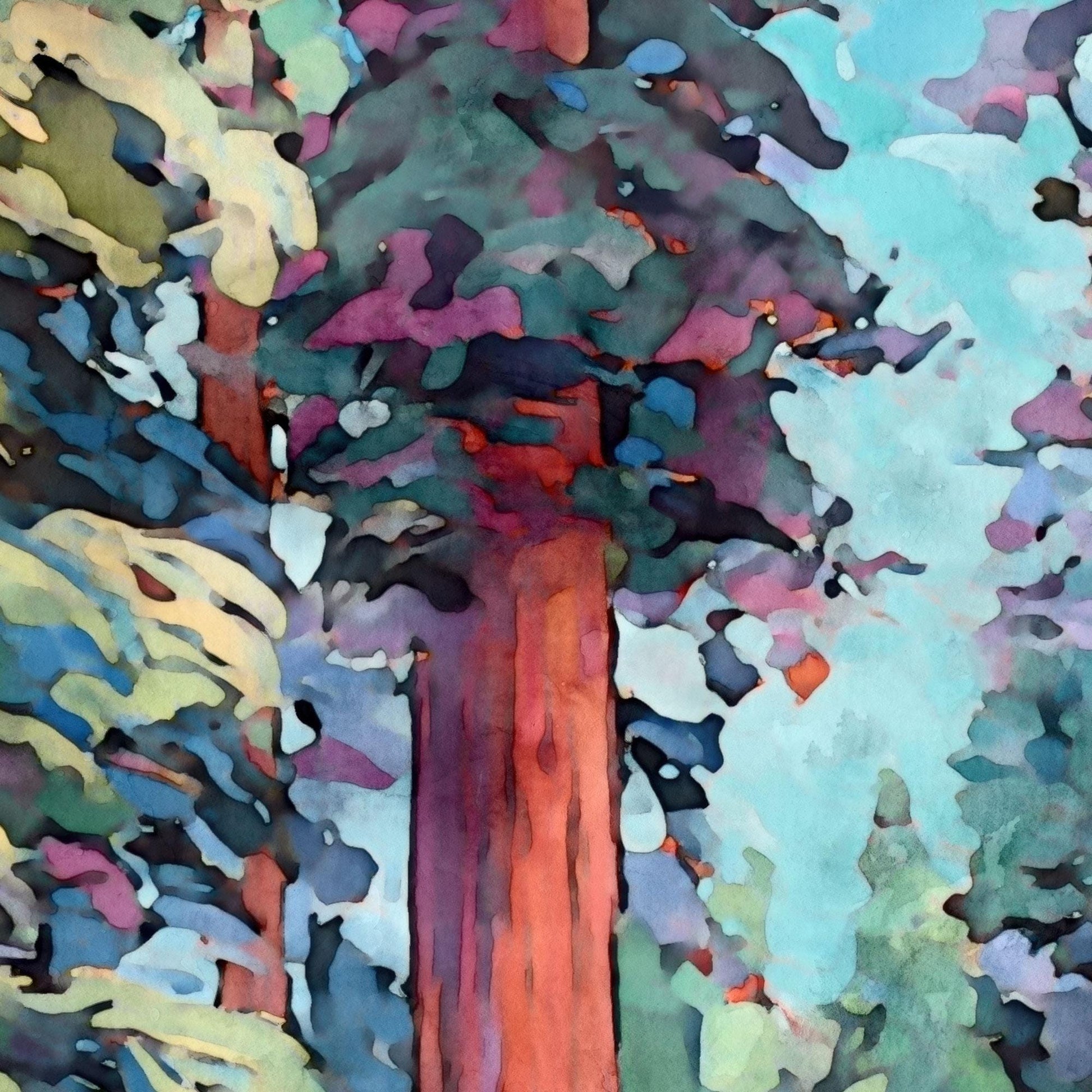 Close-up of an impressionist-style painting featuring the trunk and branches of a tall redwood tree. The bark glows in warm reddish hues, surrounded by abstract brushstrokes of deep green, purple, and blue foliage, set against a bright sky of turquoise and soft pastel tones.